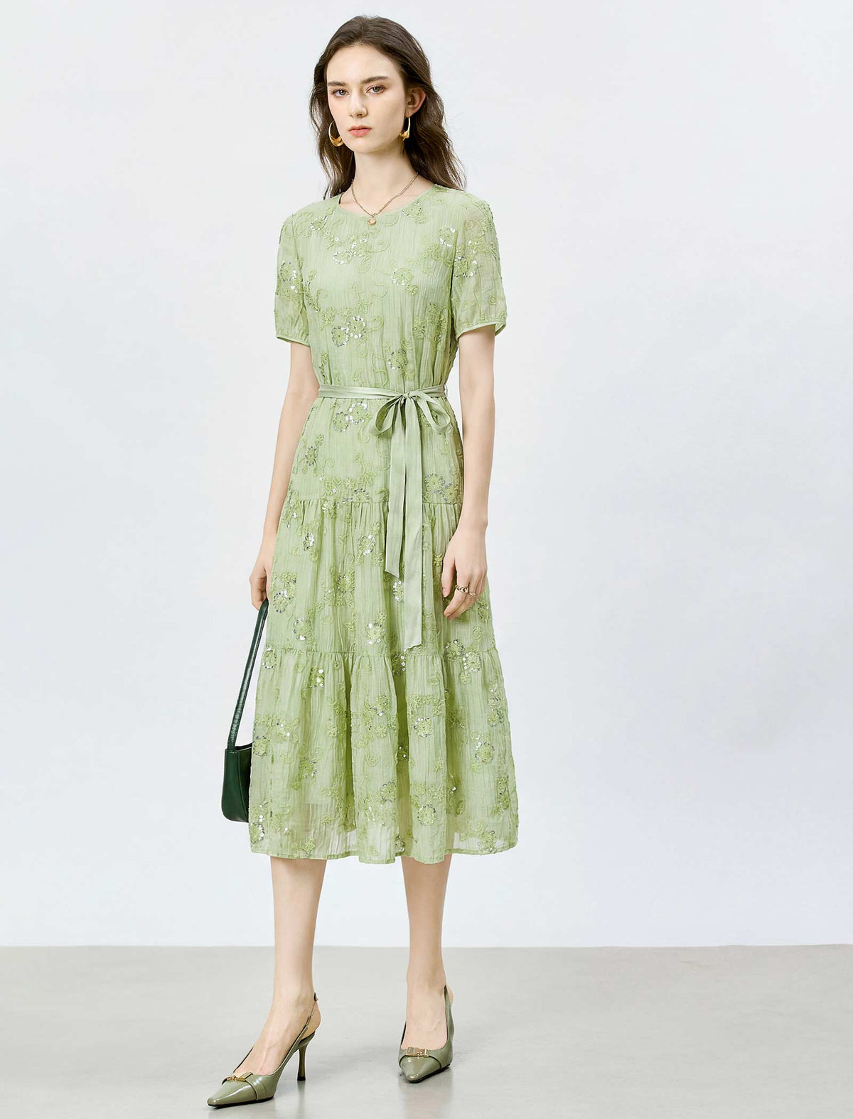 Mint Green Embroidered Tiered Midi Dress