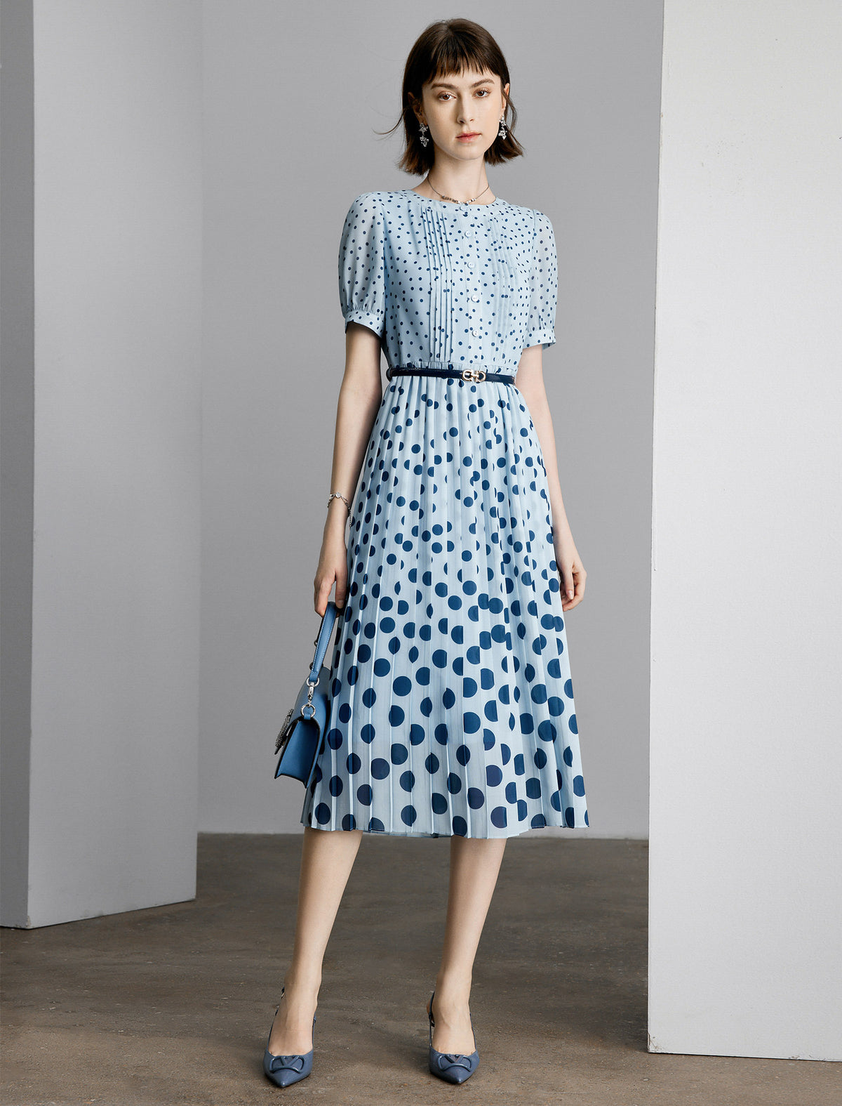 Light Blue Polka Dot Pleated Midi Dress
