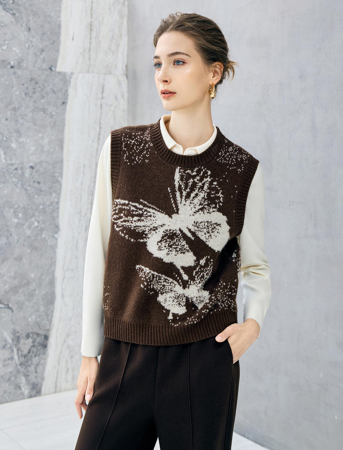 Wool Blend Jacquard Crewneck Sleeveless Knit Vest