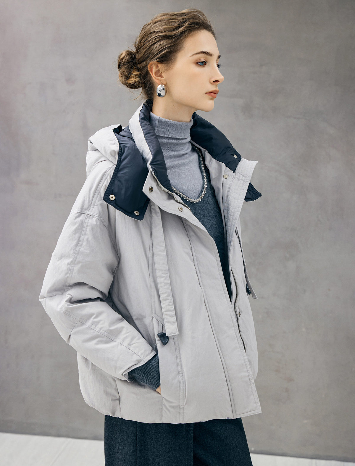 Detachable-Hood Stand-Collar Zip-Front Cropped Puffer Jacket