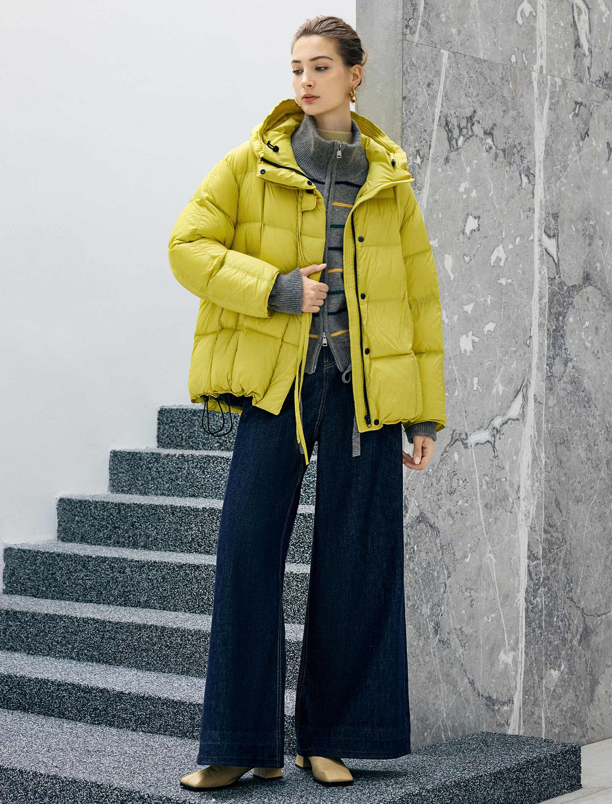 Hooded Dual-Drawstring Zip-Front Cropped Puffer Jacket