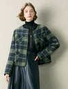 Green Plaid Wool-Blend Leather Trim Jacket