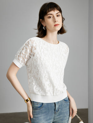 Butterfly Lace Round Neck Short Sleeve Top
