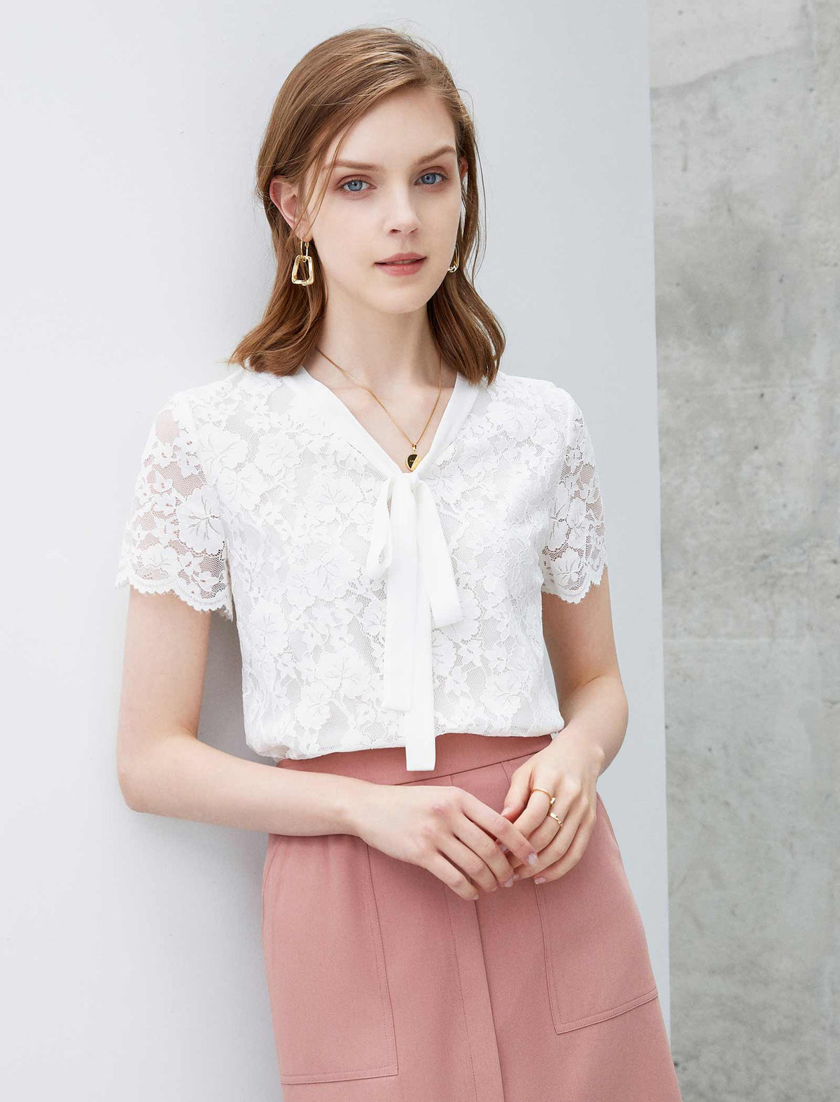 V-Neck Lace Tie-Front Short Sleeve Top
