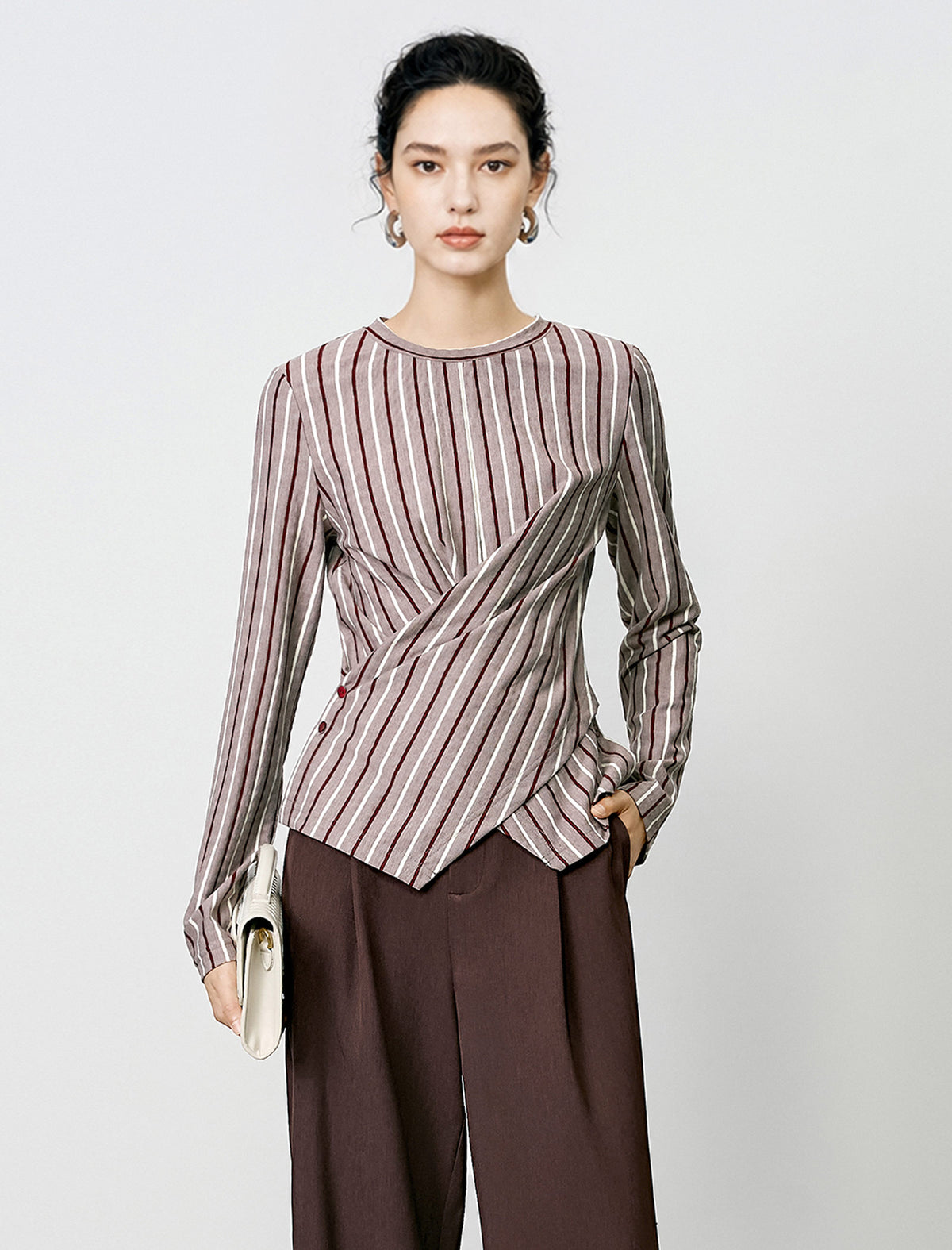 Stripe Long-Sleeve Asymmetric Wrap Top