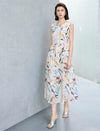 Abstract Art Print Sleeveless Waist-Fitted Mulberry Silk Midi Dress