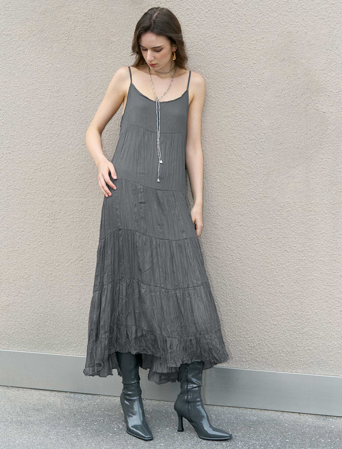 Charcoal Crinkled Sleeveless Maxi Slip Dress
