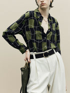 100% Mulberry Silk Green Grid Print Button-Down Shirt