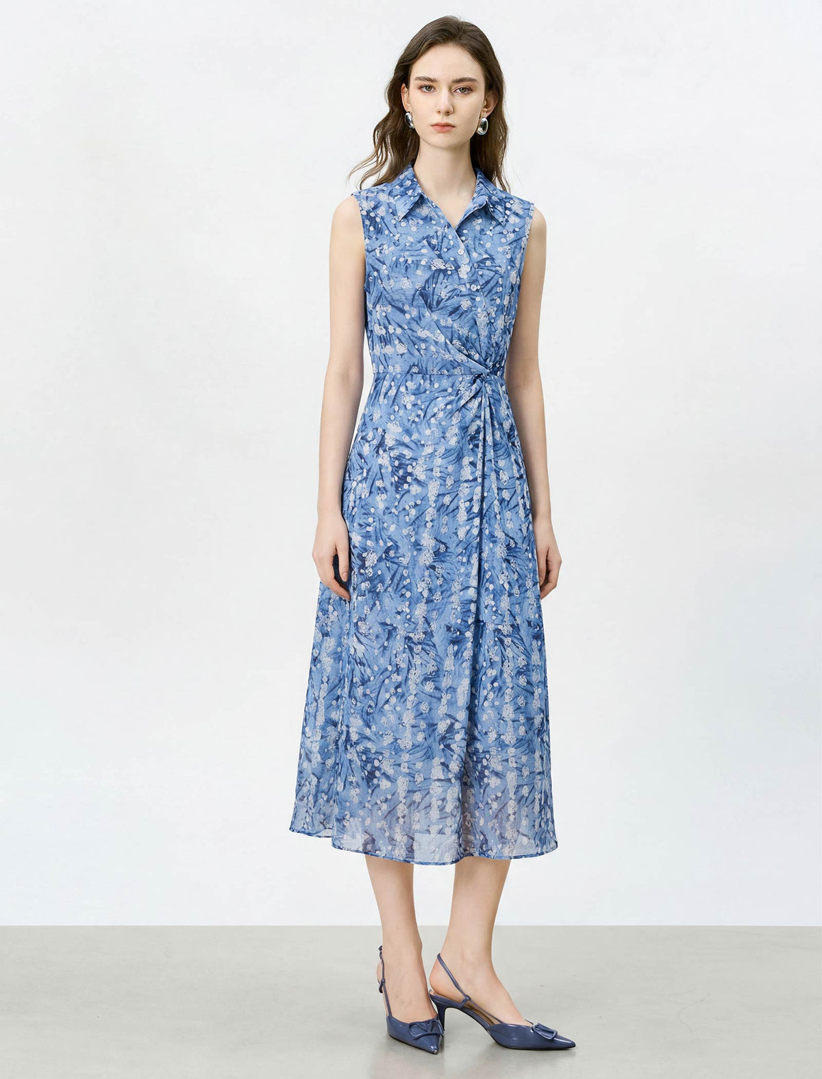 Blue Floral Sleeveless Wrap Midi Dress