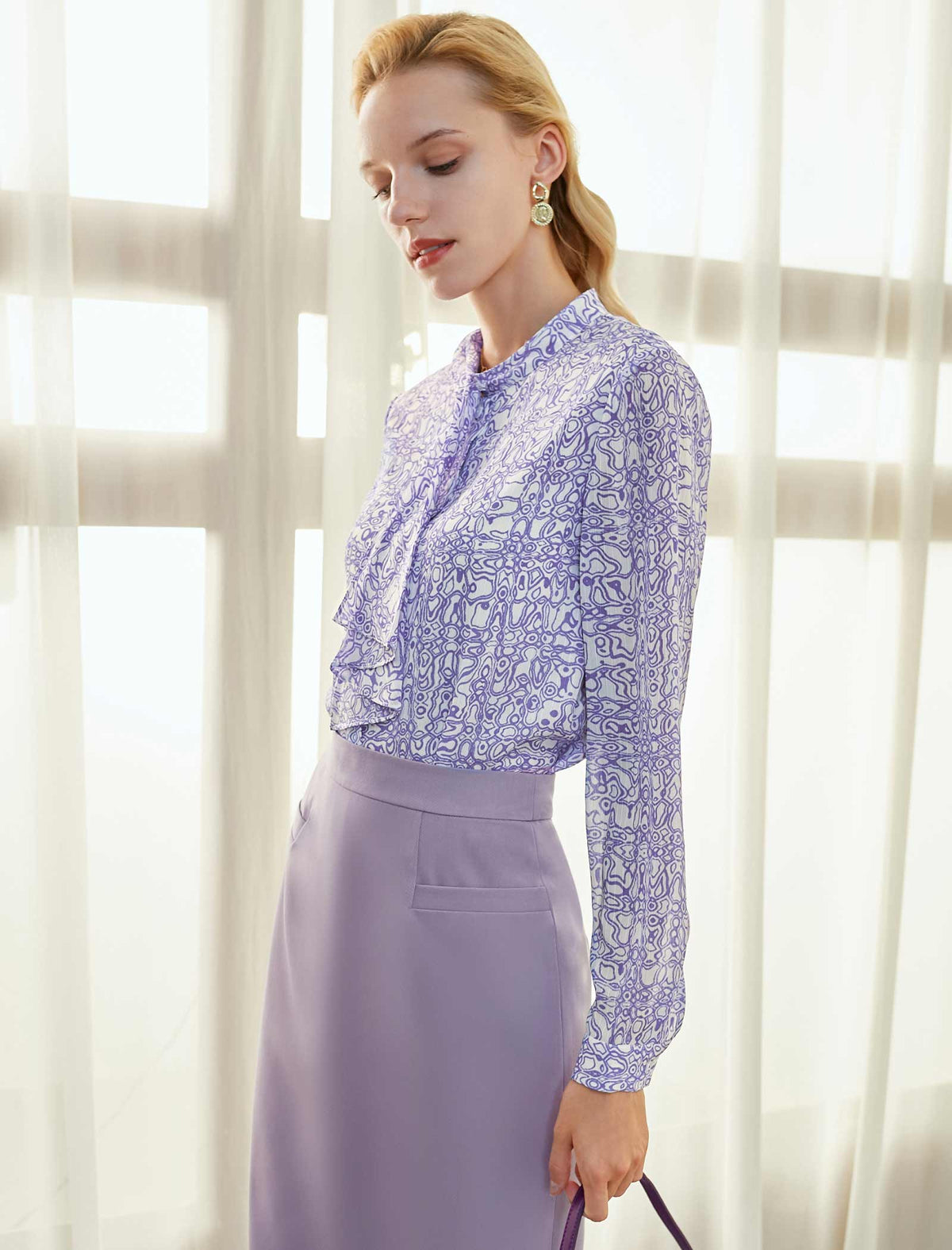 Lavender Patterned Ruffle Blouse