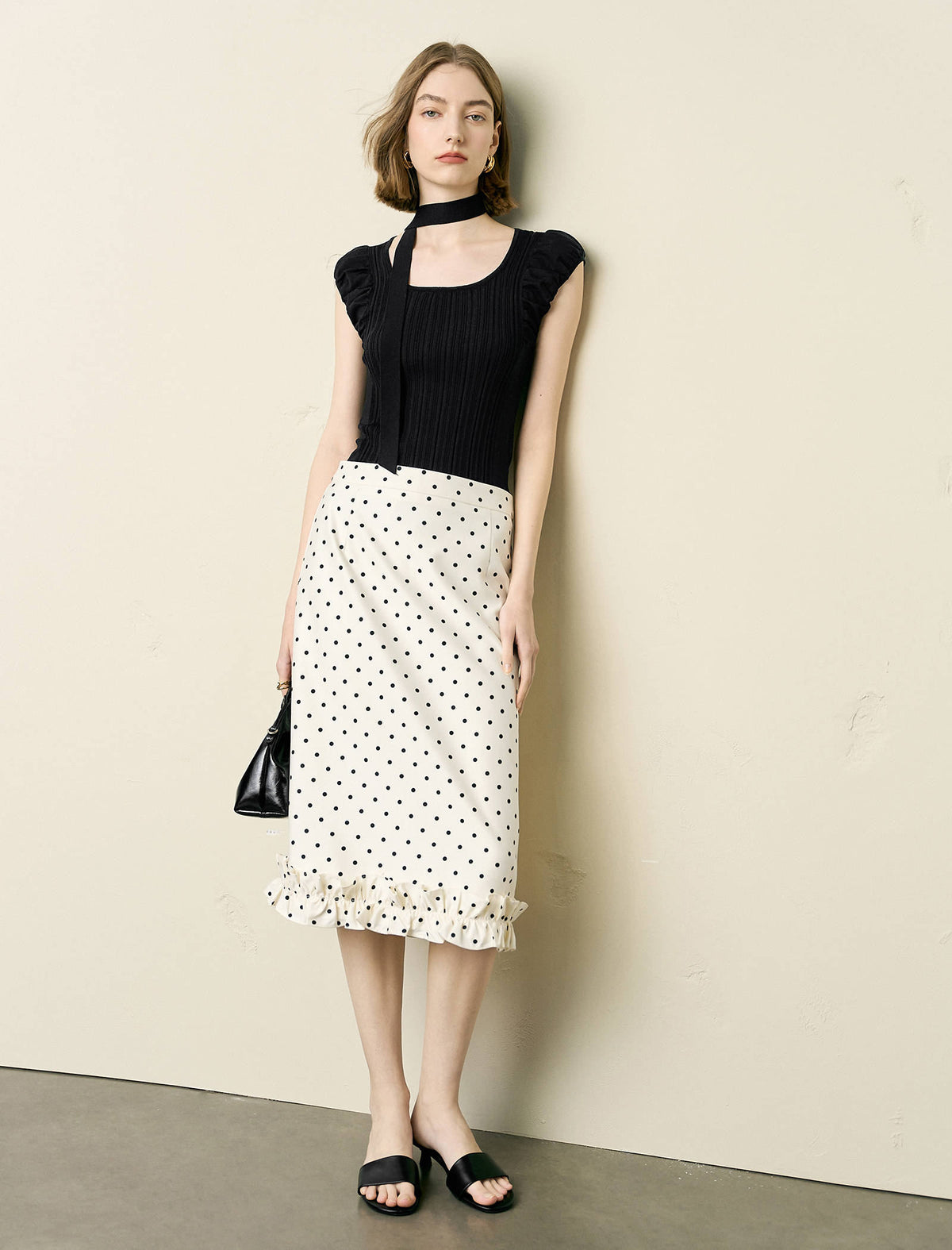 Polka Dot Ruffle Hem Midi Skirt