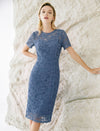 Dusty Blue Floral Lace Sheath Midi Dress