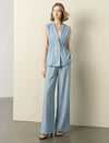 Light Blue Linen-Blend Cinched Waist Vest