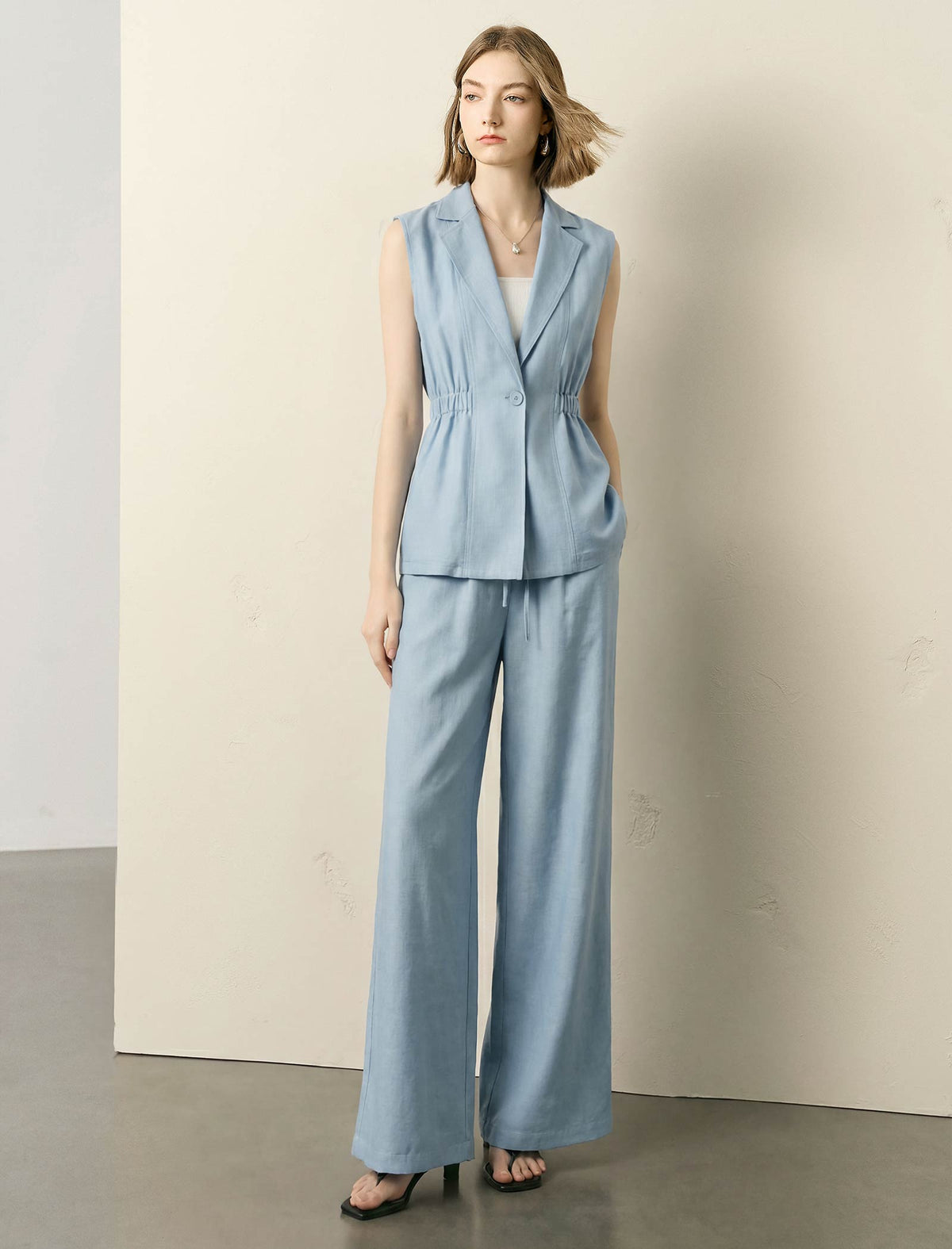 Light Blue Linen-Blend Cinched Waist Vest