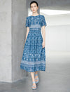 Blue Ikat Print Defined-Waist Midi Dress