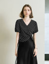 Black Polka Dot Wrap Front Top