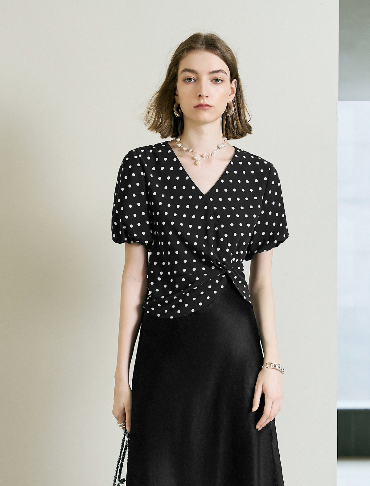 Black Polka Dot Wrap Front Top