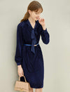 Navy Blue Tie Neck Pleated Midi Dress