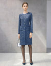 Braided-Trim Crewneck Long Sleeve Pearl-Button Straight Dress