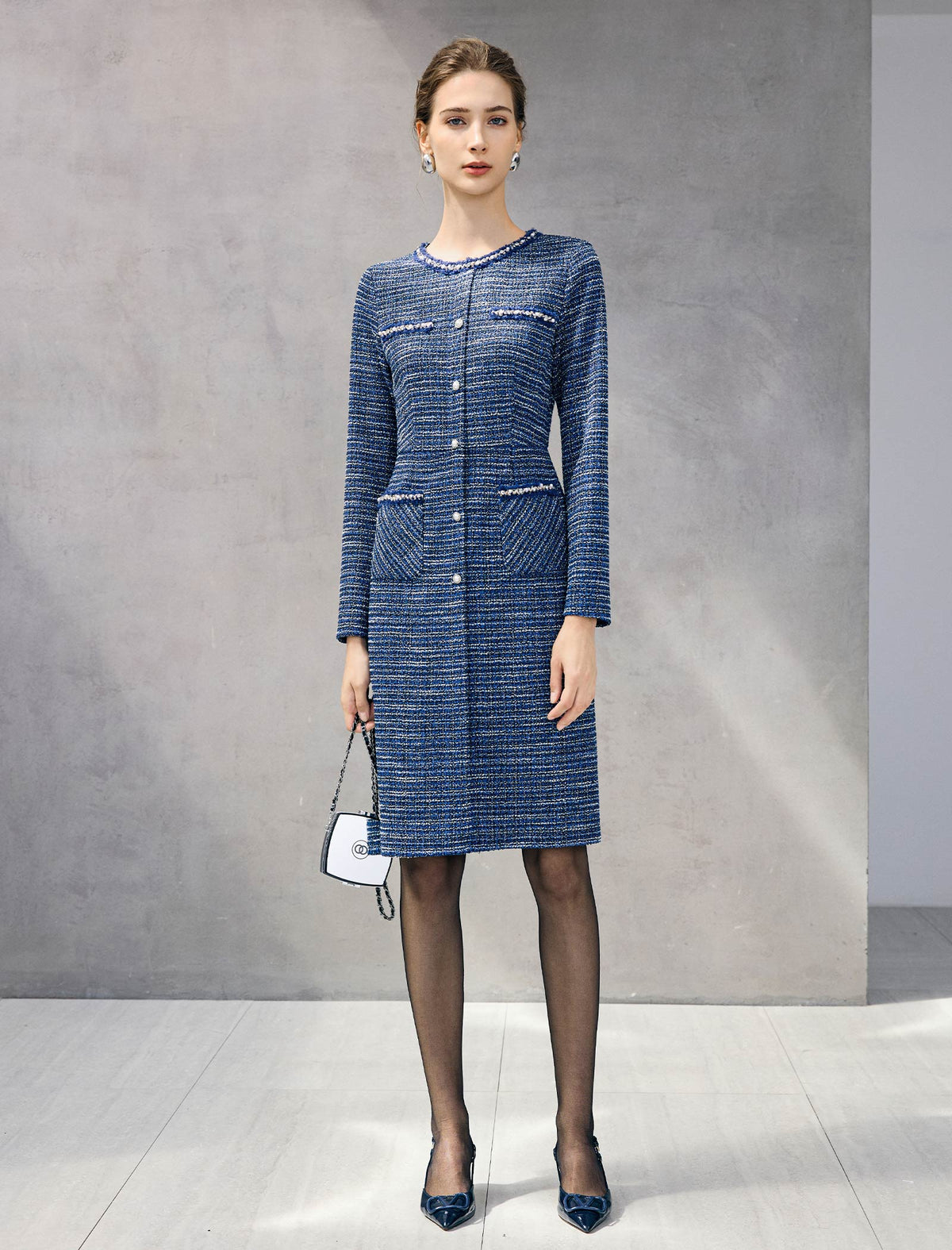 Braided-Trim Crewneck Long Sleeve Pearl-Button Straight Dress