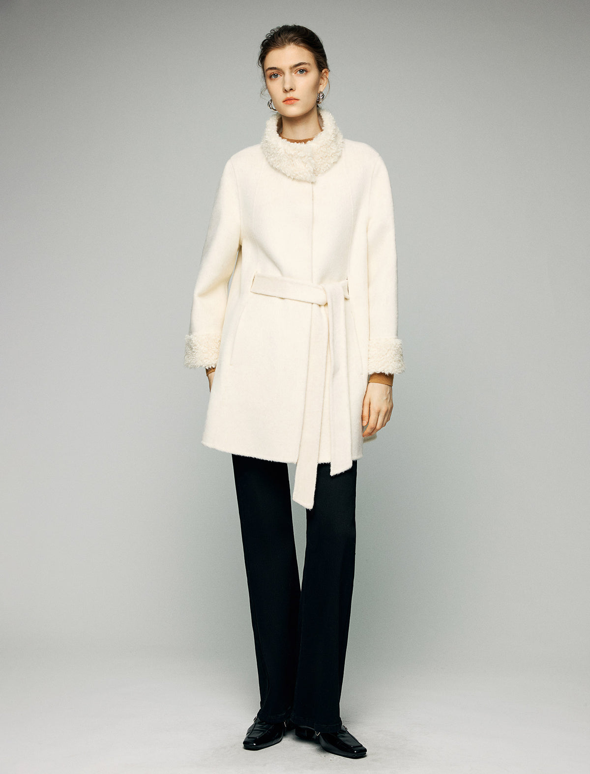 100% Wool Contrast-Trim Stand-Collar Button-Front Coat