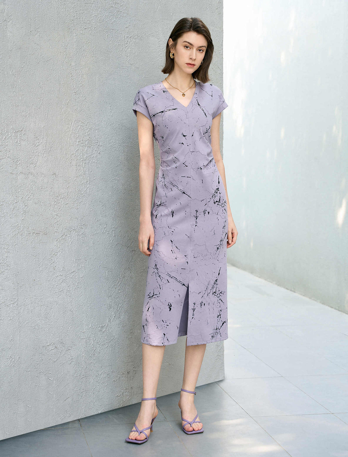 Lilac Marble Print Slit Midi Dress