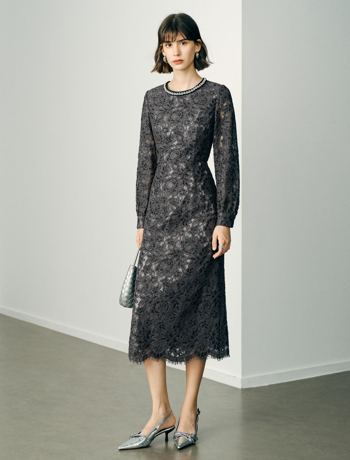 Lace Beaded Neckline Midi Dress