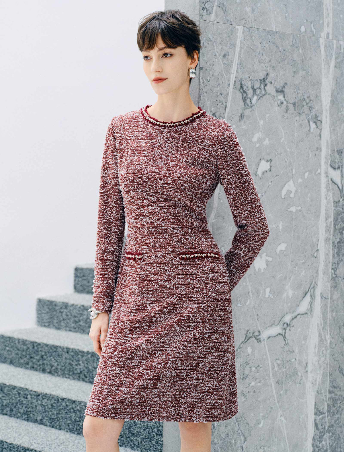 Pearl Trimmed Tweed Style Sheath Dress