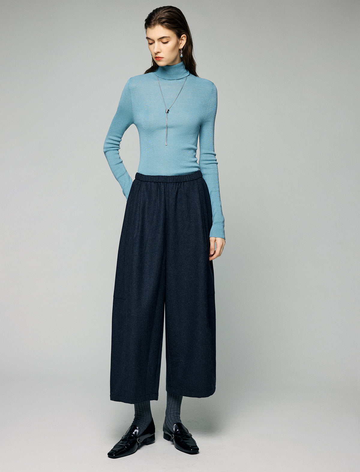 Wool Blend Elastic-Waist Pleated Wide-Leg Culottes