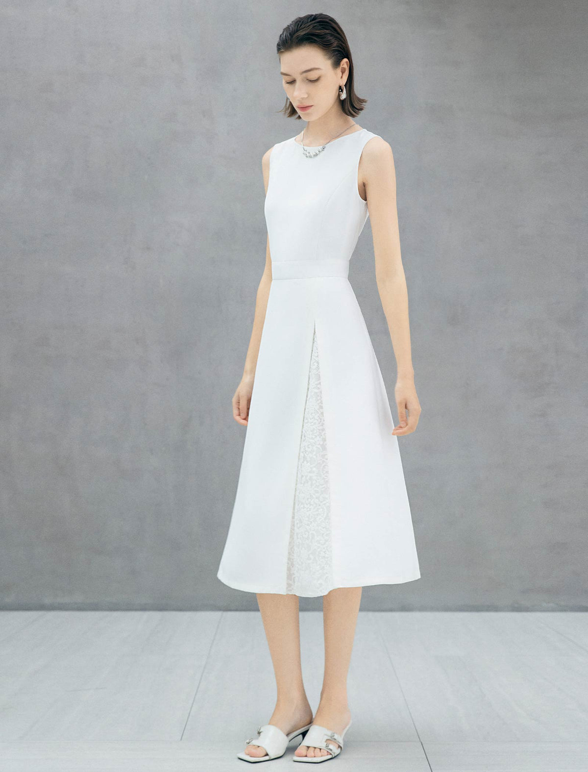 White Boat Neck Sleeveless Lace Slit Waist-Fitted Midi Dress