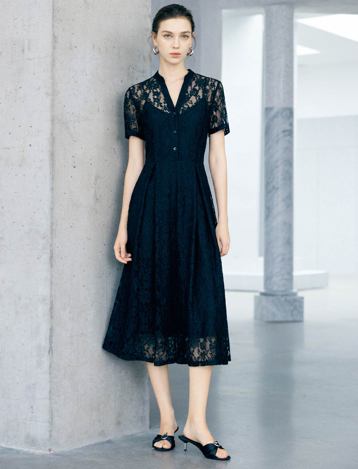 Navy Stand Collar Button Front Lace Midi Dress