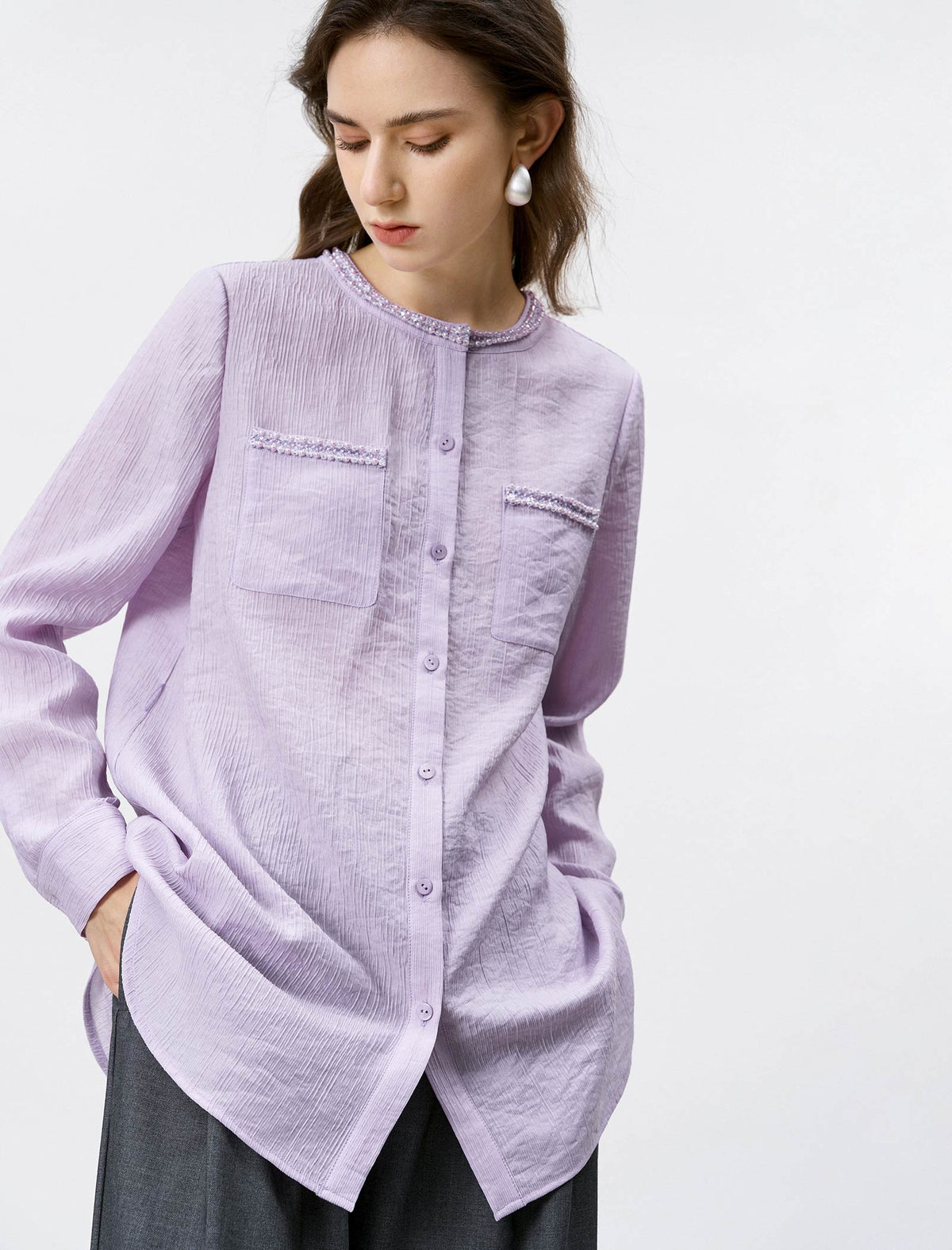 Lilac Mandarin Collar Beaded Trim Blouse