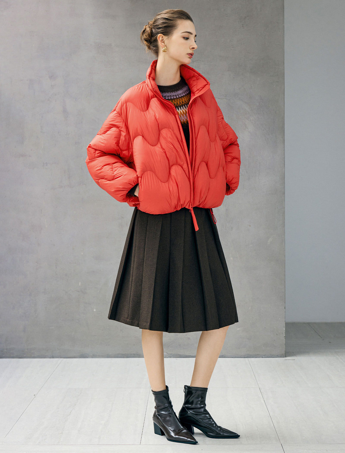 Wave-Quilted Stand-Collar Balloon-Sleeve Cropped Puffer Jacket