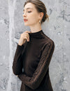 Wool Blend Rhinestone Lace-Sleeve Turtleneck Fitted Top