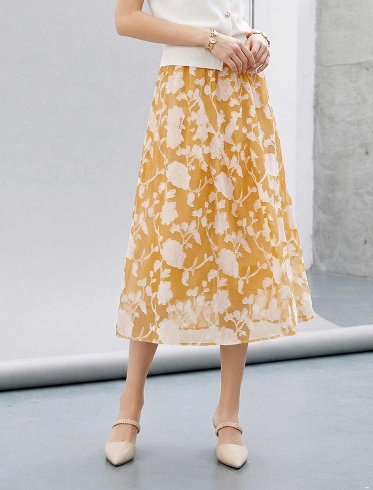 Yellow Gardenia Burnout Floral Midi Skirt