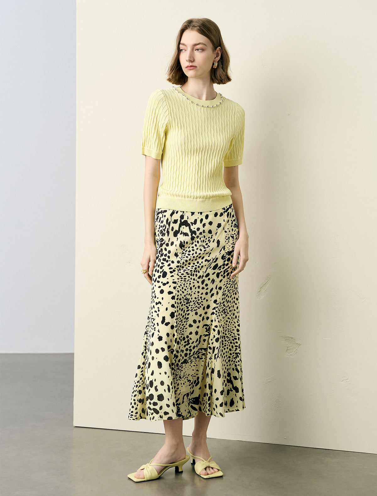 Beaded Collar Ribbed Short Sleeve Knit Top