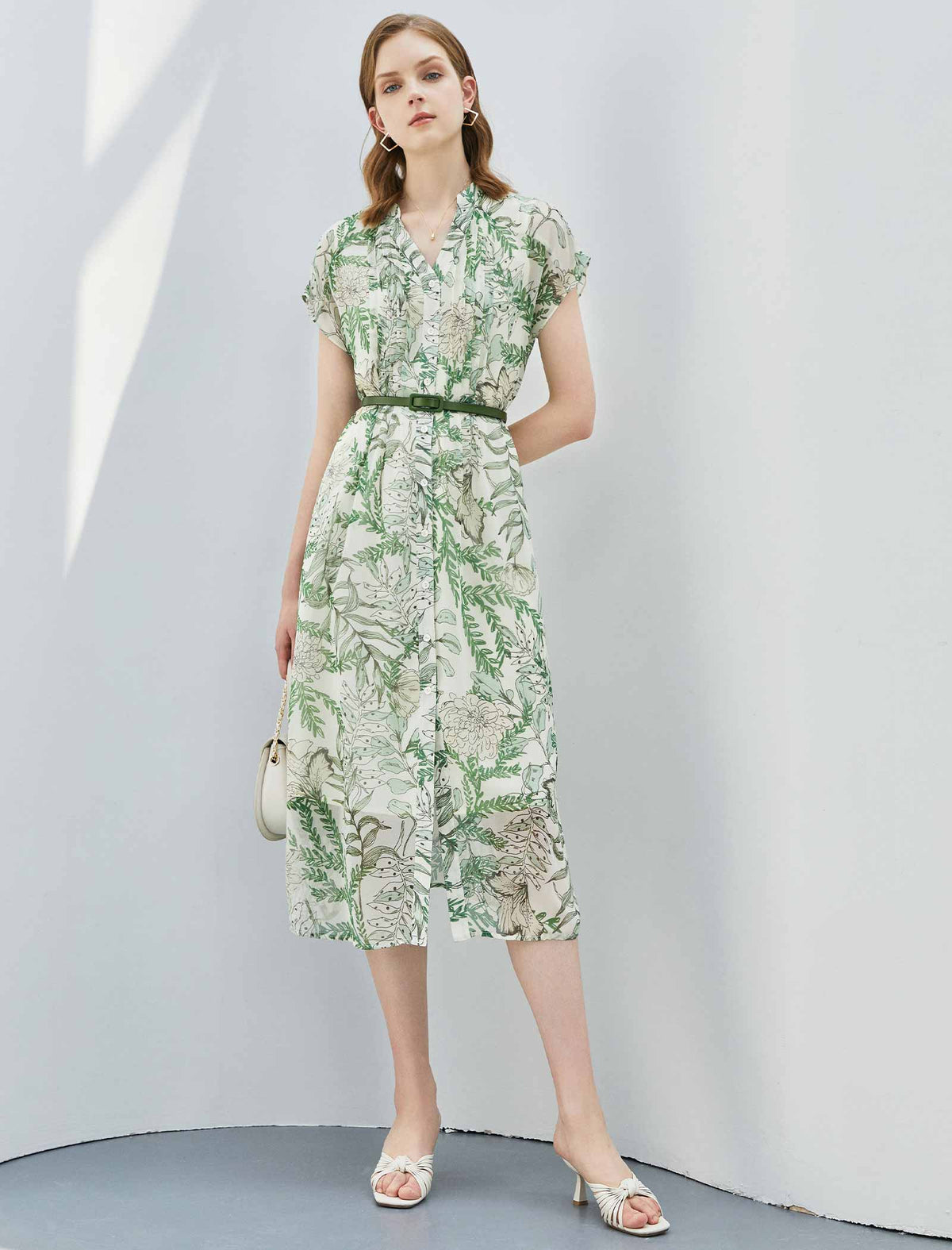 Botanical Print Belted Shirt Midi Dress