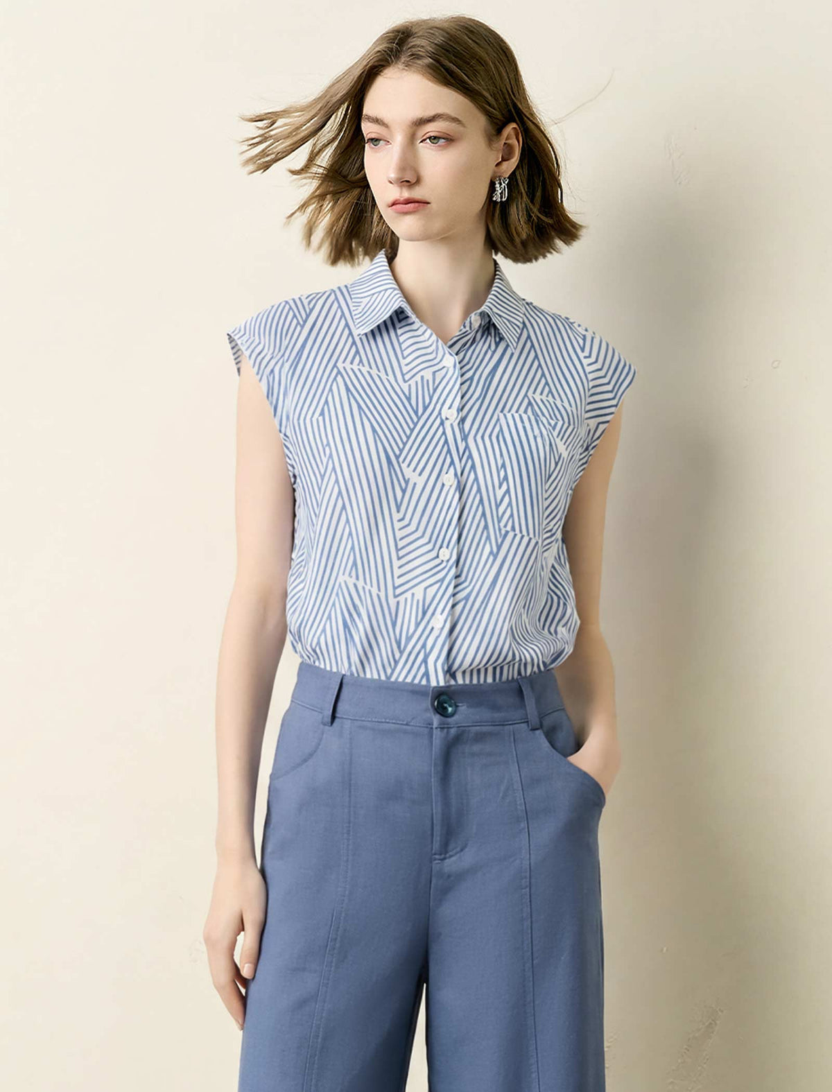Sleeveless Striped Collared Shirt