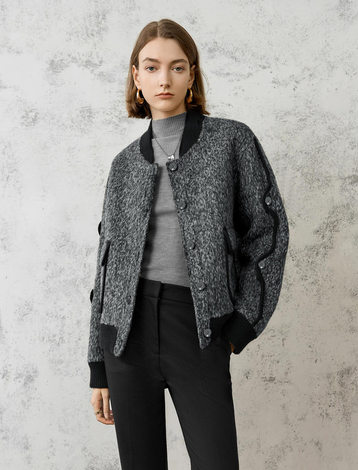 Wool-Blend Fuzzy Textured Bomber Jacket