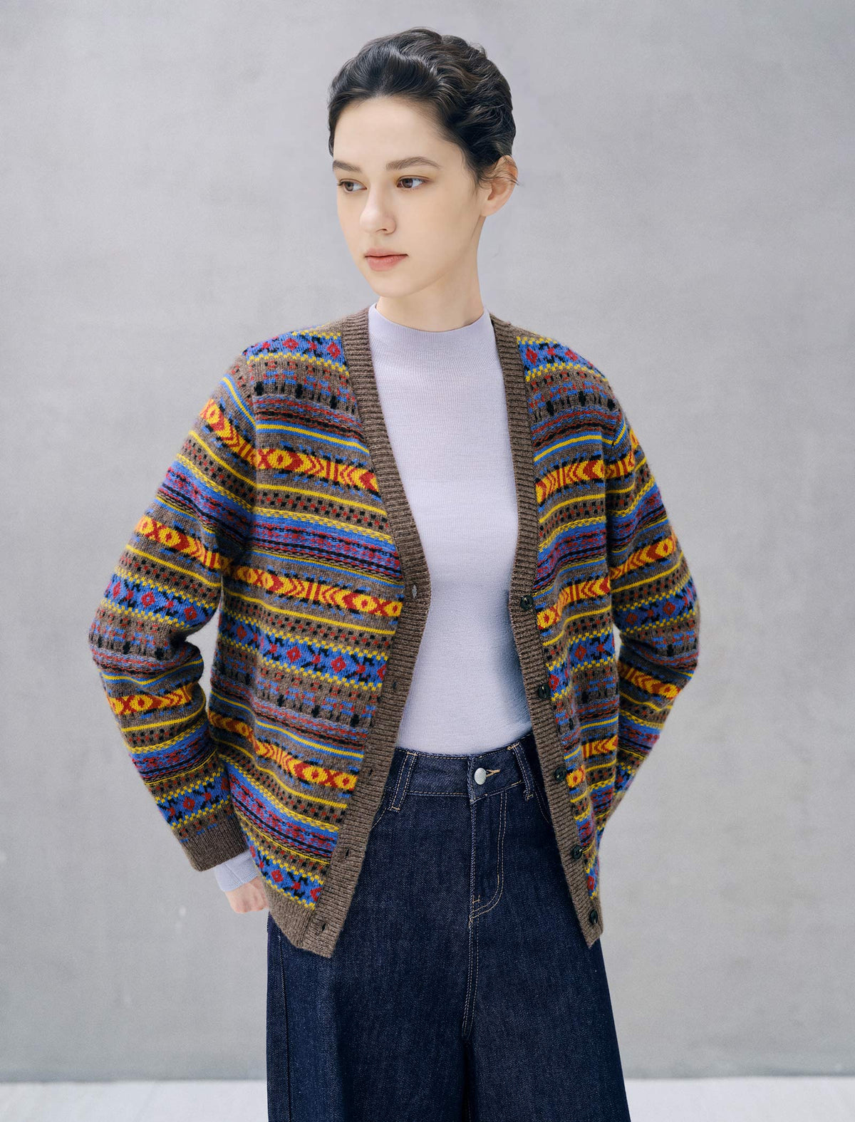 Wool Blend Fair Isle Patterned V Neck Knit Cardigan
