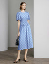 Gingham Print Puff-Sleeve Pleated Midi Dress