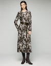 Floral Print Crewneck Belted Fitted Midi Dress
