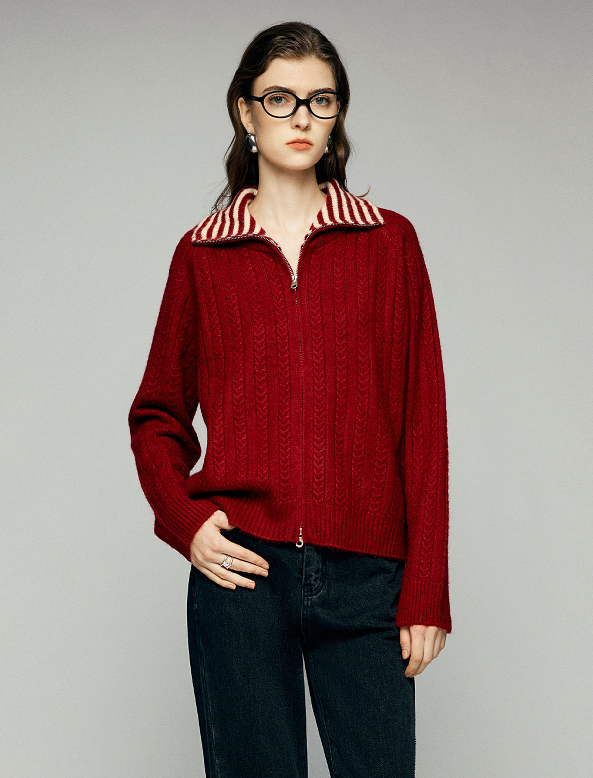 Striped-Collar Cable-Knit Long Sleeve Zip-Front Cardigan