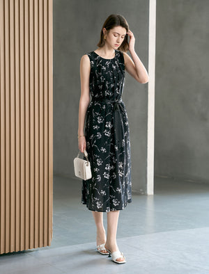 Black Floral Sleeveless Midi Dress