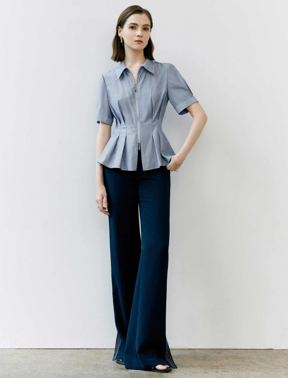 Zip Detail Waist-Cinched Fitted Shirt