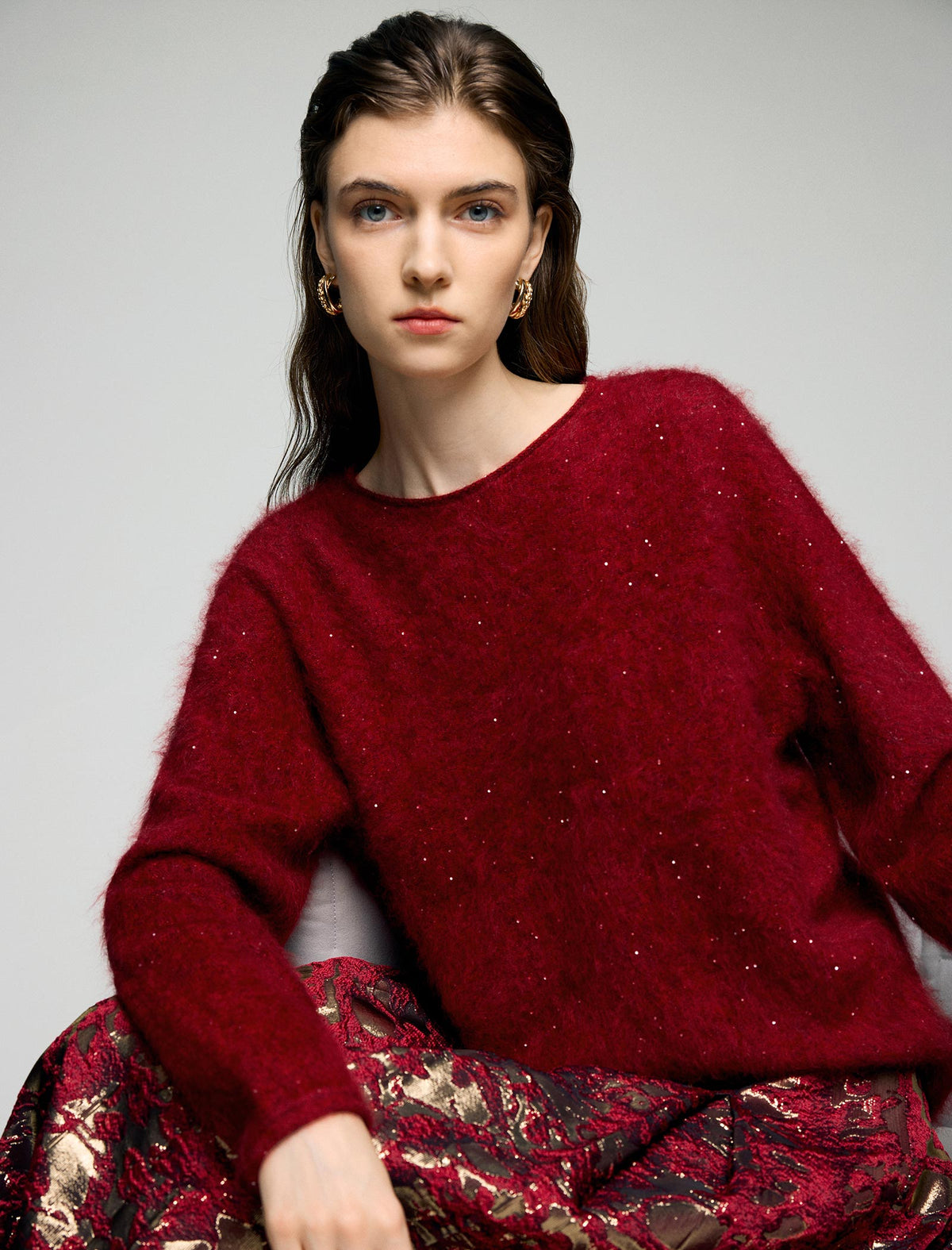 Wool and Mulberry Silk Blend Sequin Crewneck Relaxed Sweater
