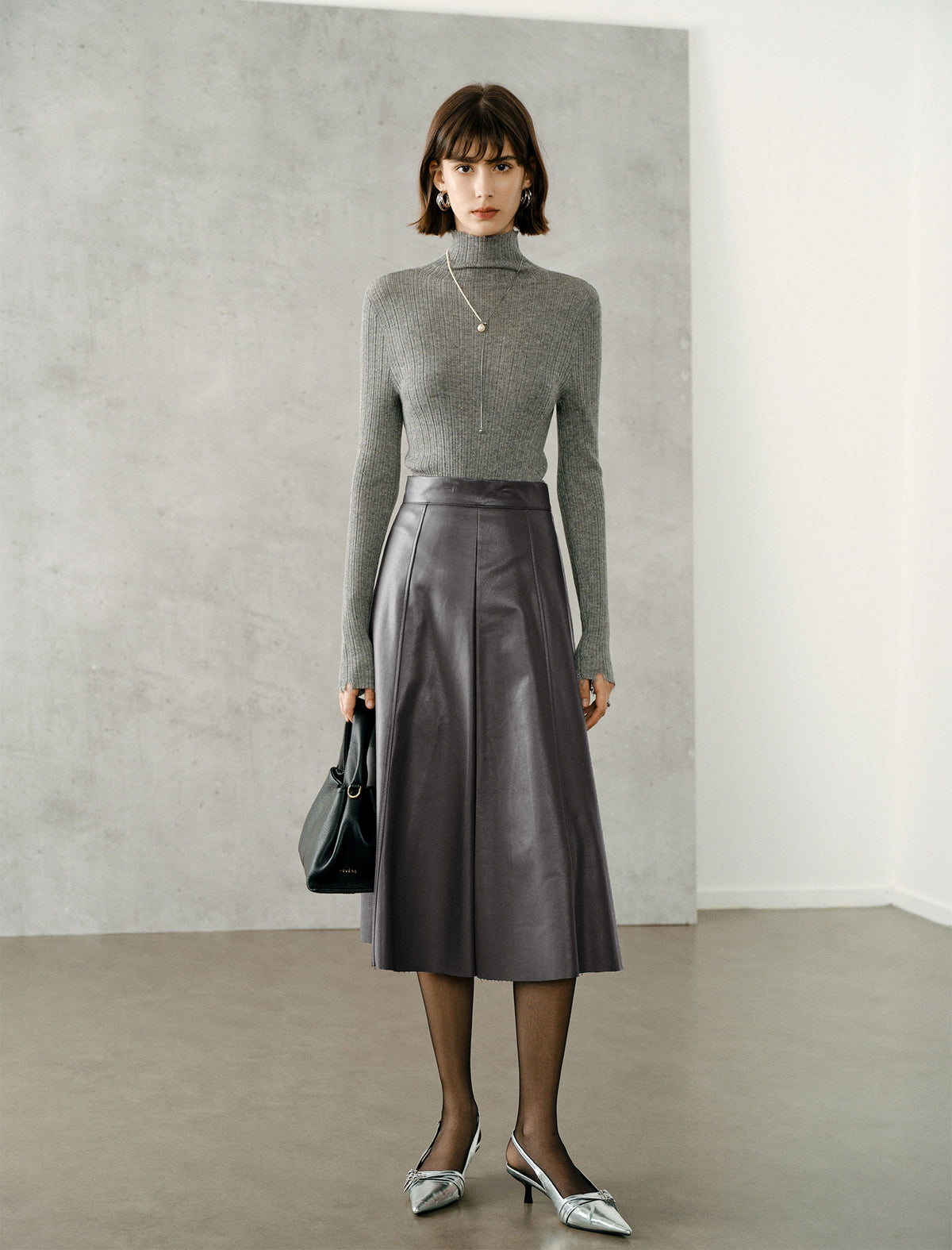 High-Waist Faux Leather A-Line Midi Skirt