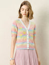 Pastel Rainbow Stripe Heart Knit Short Sleeve Cardigan