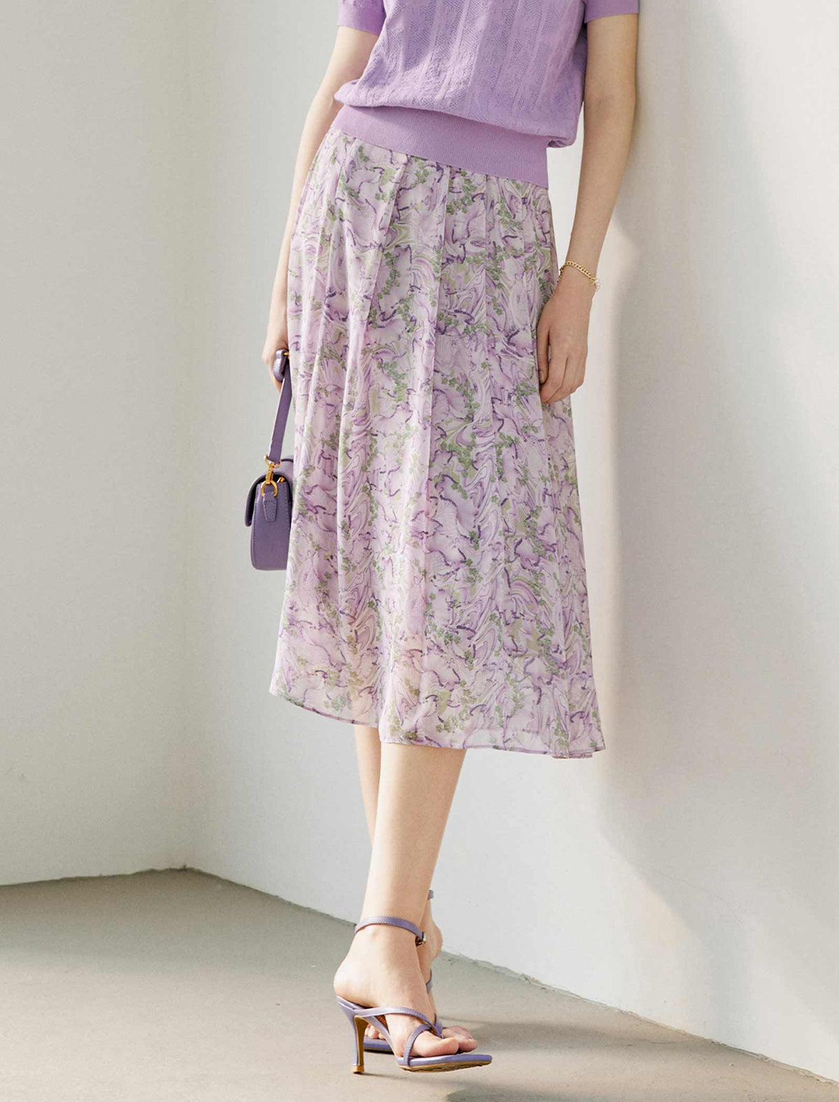 Floral Chiffon Pleated A-Line Skirt
