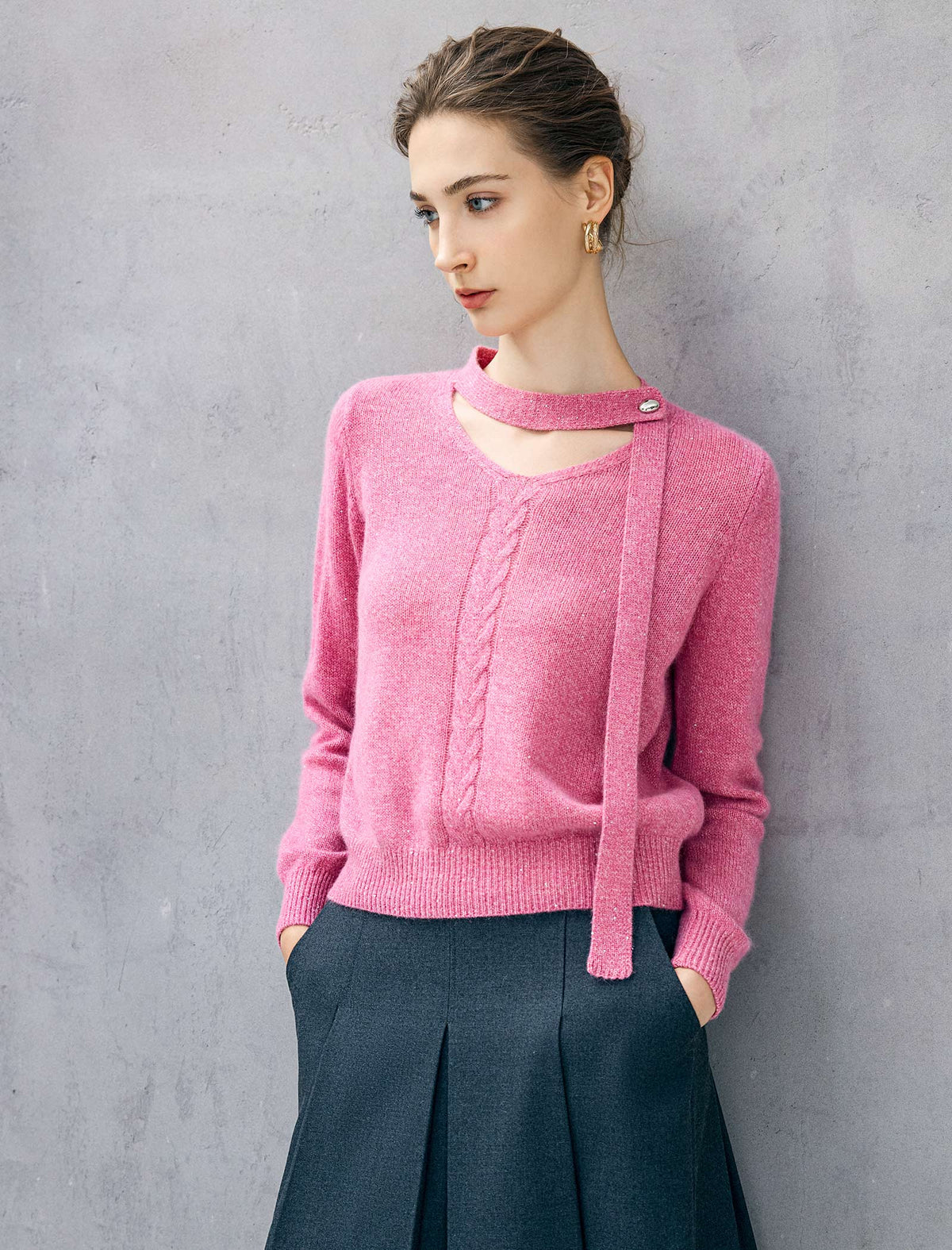 Wool Blend Shimmer Tie-Neck Cable-Knit Sweater
